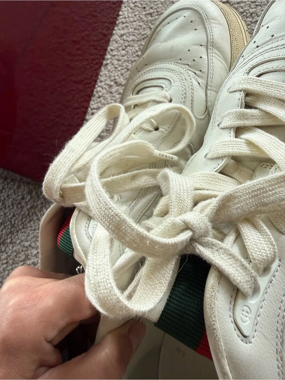 Gucci Men’s  White Leather Sneakers with Green-Red Heel Detail
